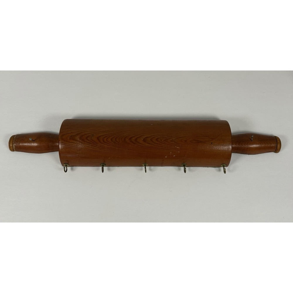 VTG Wooden Rolling Pin With Hooks Wall Decor Hanging Felt Back Cottage Country